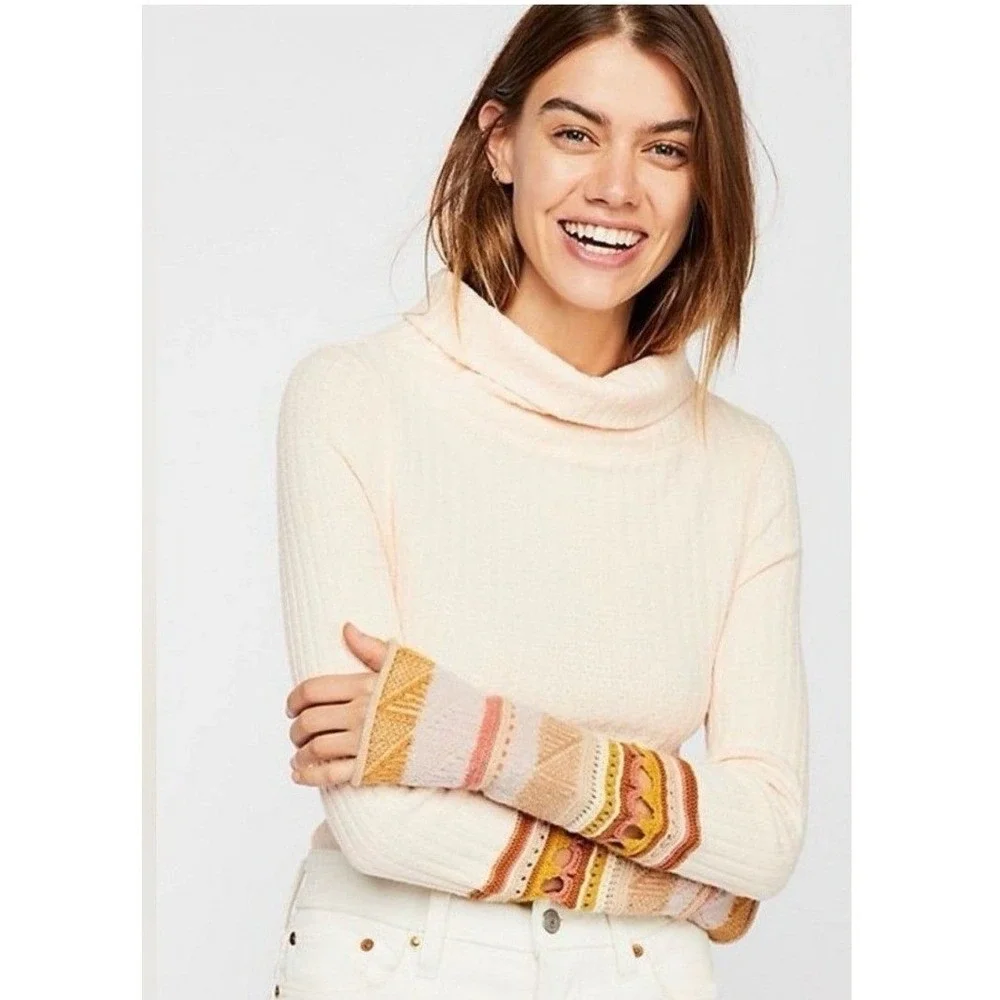 Free People Mixed up Cuff Thermal Sweater Top Peach Large Boho